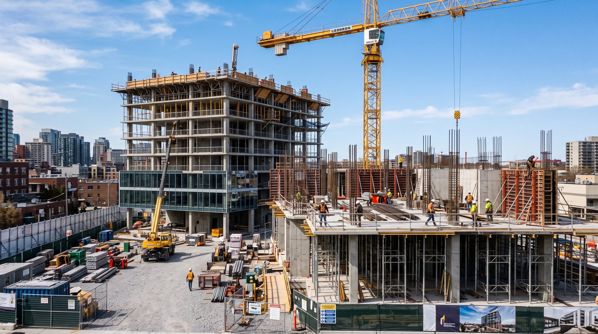Obra de construcción en marcha con grúa torre, ejecución de proyectos de Evolutyo en Madrid